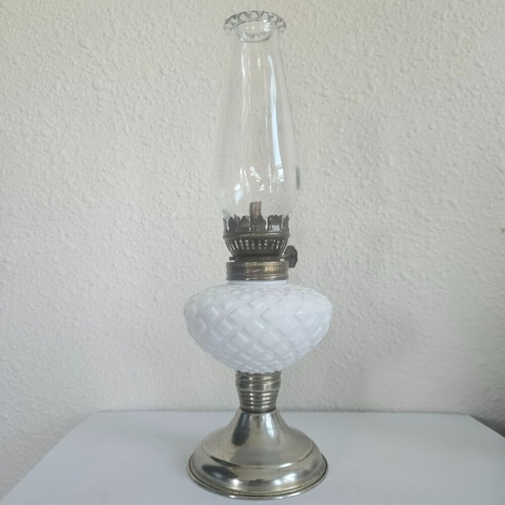 Vintage Metal and Milk Glass Oil Lamp